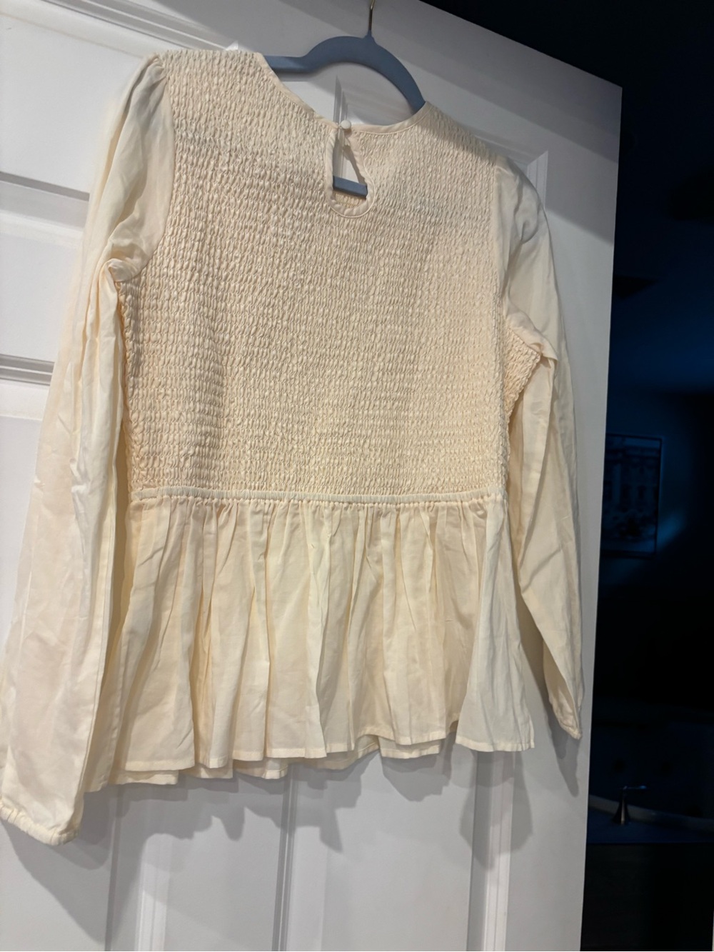 Gabrielle Cream Long-Sleeve Smocked Peplum Top